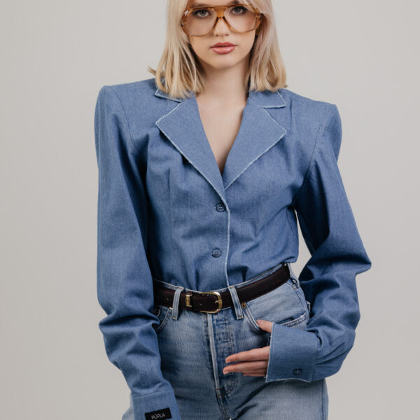 Mėlyni džinsiniai triko marškiniai „FRAY“